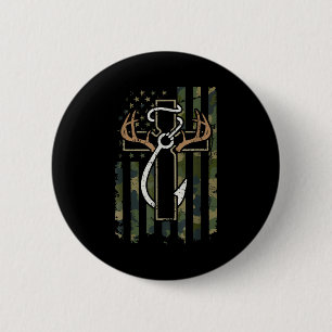 Badge Rond 5 Cm Chasse Pêche Foi Cerf Bois Croix Crochet Chri