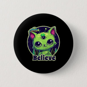 Badge Rond 5 Cm Chat Alien Cute Croient En Ufo Kawaii
