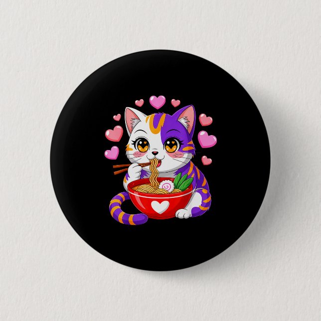 Badge Rond 5 Cm Chat Anime Mangeant Des Nouilles Ramen Avec Des Cœ (Devant)
