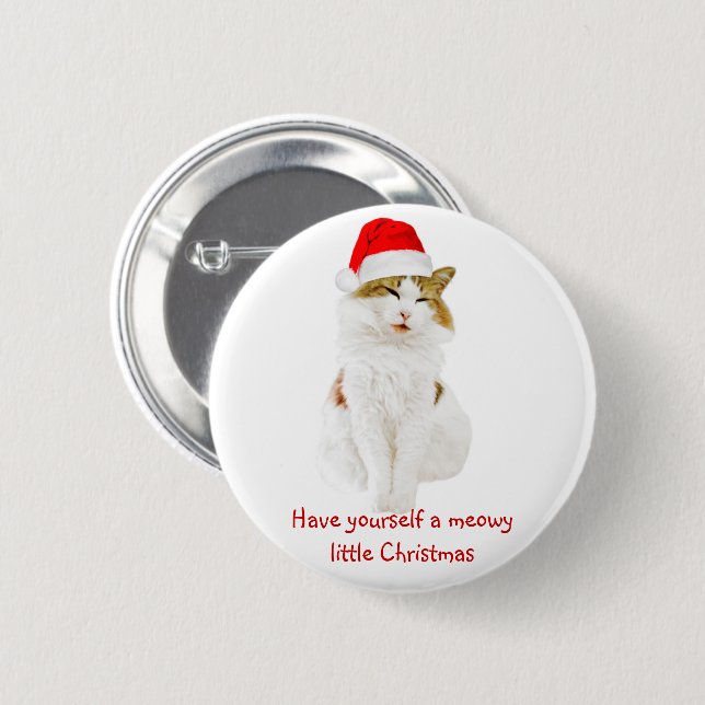 Badge Rond 5 Cm Chat avec Casquette Père Noël (Devant & derrière)