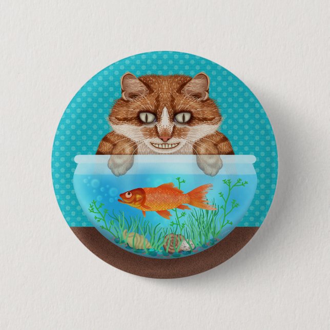 Badge Rond 5 Cm Chat avec Goldfish Bowl Funny Hungry Grinning Kitt (Devant)