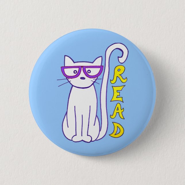 Badge Rond 5 Cm Chat blanc avec lunettes violettes avec panneau de (Devant)