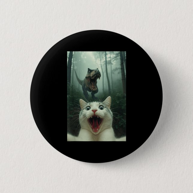 Badge Rond 5 Cm Chat blanc drôle selfie avec T-rex dinosaure, chat (Devant)