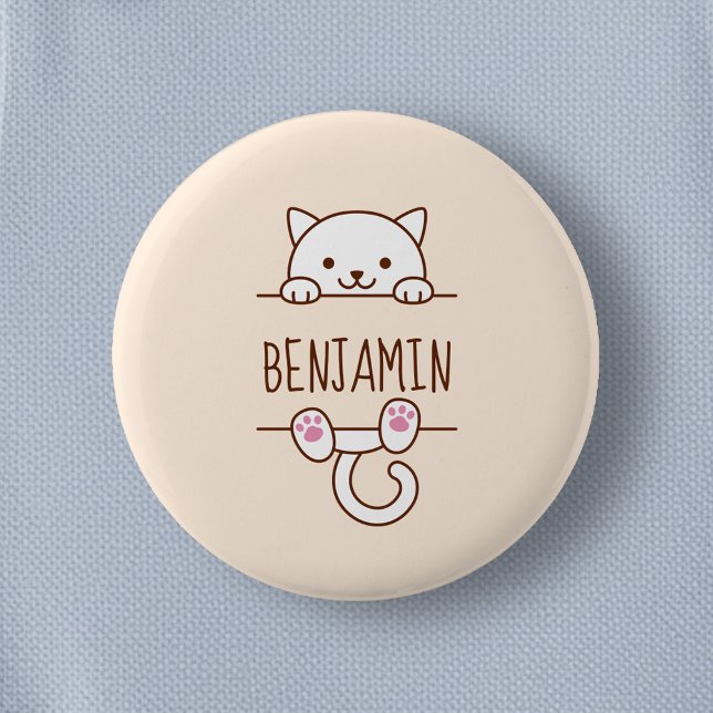Badge Rond 5 Cm Chat blanc Pékin derrière Nom personnalisé (Créateur téléchargé)