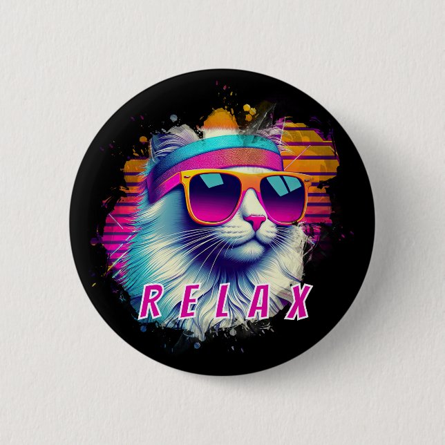 Badge Rond 5 Cm Chat blanc rétro avec lunettes de soleil orange su (Devant)