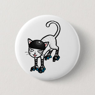 Badge Rond 5 Cm Chat blanc sur des rollerskates