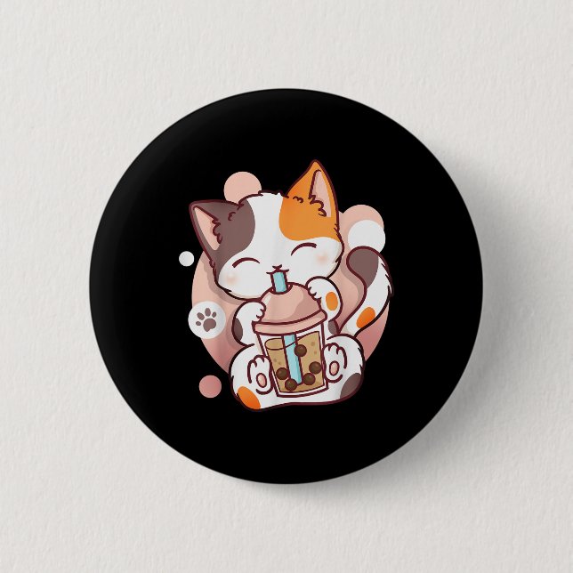 Badge Rond 5 Cm Chat Boba Tea Buble Tea Anime Kawaii Neko (Devant)