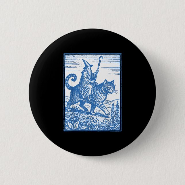 Badge Rond 5 Cm Chat cavalier sorcier drôle mignon mème  (Devant)