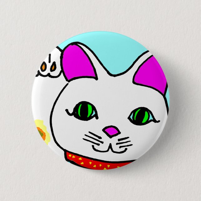 Badge Rond 5 Cm Chat Chanceux Maneki Neko Kitty (Devant)