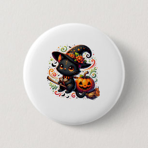Badge Rond 5 Cm Chat chauve Chat Noir Sorcière Casquette Citrouill