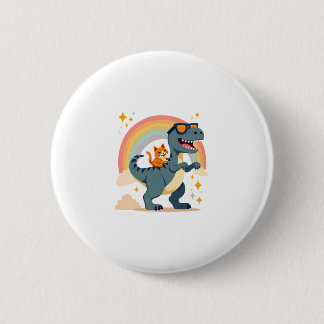 Badge Rond 5 Cm Chat chevauchant un dinosaure T-Rex chaton arc-en-