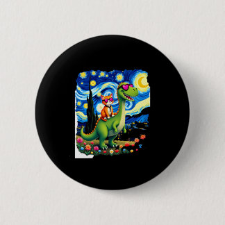 Badge Rond 5 Cm Chat chevauchant un dinosaure T-Rex nuit étoilée a