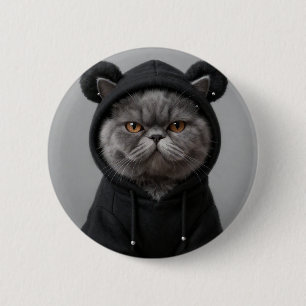 Badge Rond 5 Cm Chat Chouette à Capuche Grumpy Gris Mode Accessoir