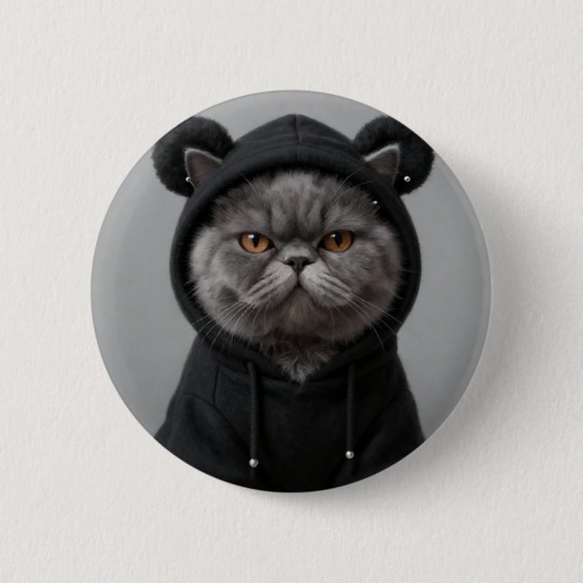 Badge Rond 5 Cm Chat Chouette à Capuche Grumpy Gris Mode Accessoir (Devant)