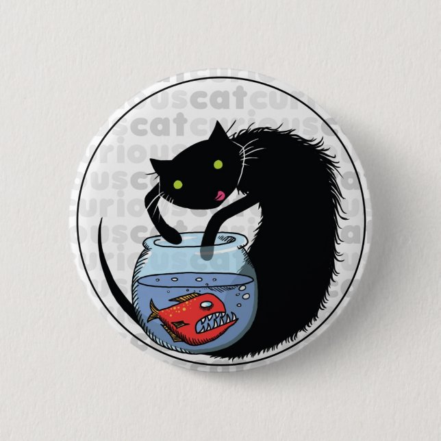 Badge Rond 5 Cm Chat curieux avec le piranha (Devant)