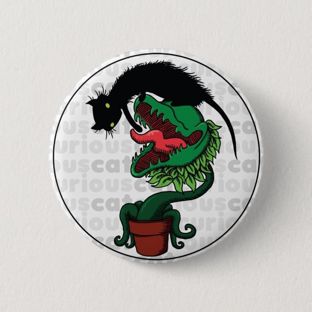 Badge Rond 5 Cm Chat curieux avec le plante carnivore (Devant)