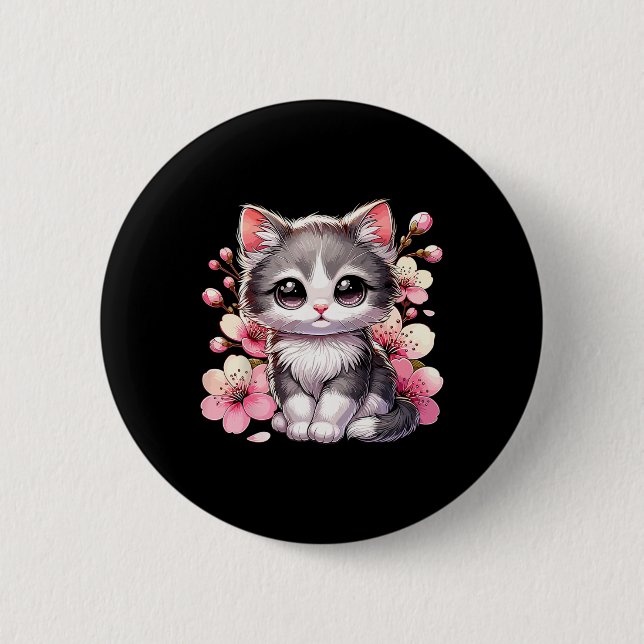 Badge Rond 5 Cm Chat Cute Avec Fleur De Cerise Chat (Devant)