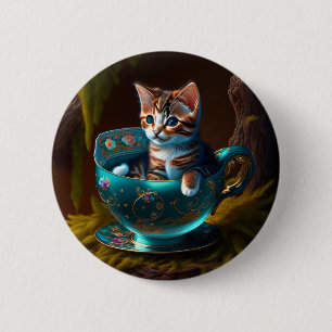 Badge Rond 5 Cm Chat dans une théière   Kitten dans un chat de thé