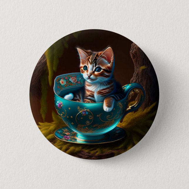 Badge Rond 5 Cm Chat dans une théière | Kitten dans un chat de thé (Devant)