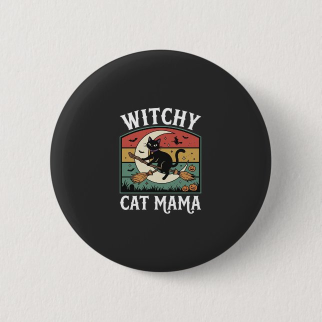 Badge Rond 5 Cm Chat de Halloween Sorcière Maman (Devant)