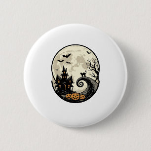 Badge Rond 5 Cm Chat de Halloween Vintage Maison Hantée Lune Vecte