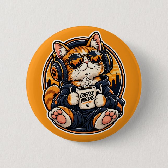 Badge Rond 5 Cm Chat de la rue cool buvant du café (Devant)