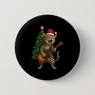 Badge Rond 5 Cm Chat De Noël Jouant Guitare Rock Et Roll Star Ca