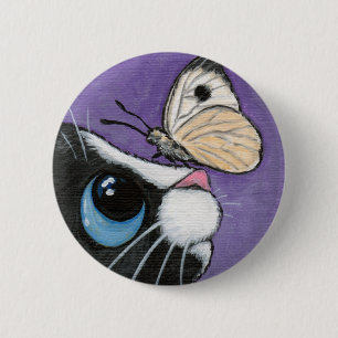 Badge Rond 5 Cm Chat de smoking et peinture blanche de papillon