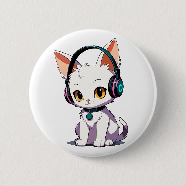 Badge Rond 5 Cm Chat de style portant des écouteurs (Devant)