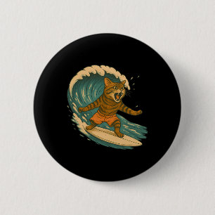 Badge Rond 5 Cm Chat de surf drôle de plage rétro chat sur surfboa