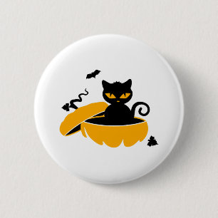 Badge Rond 5 Cm Chat d'Halloween noir et citrouille d'Halloween
