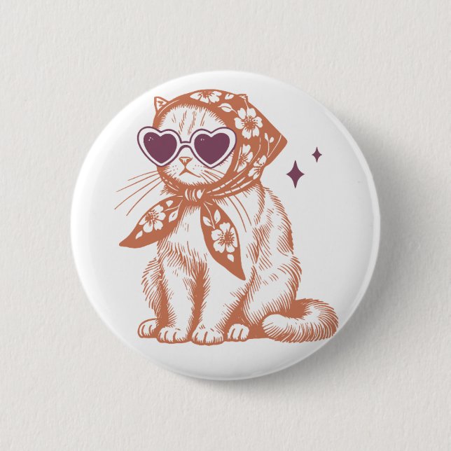 Badge Rond 5 Cm Chat drôle avec Lunettes de soleil du Coeur et Éch (Devant)