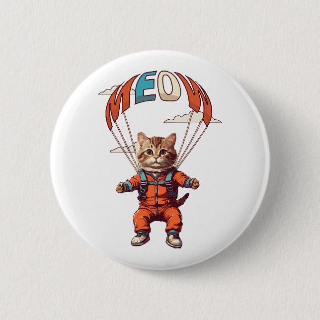 Badge Rond 5 Cm Chat drôle de parachutisme (Devant)