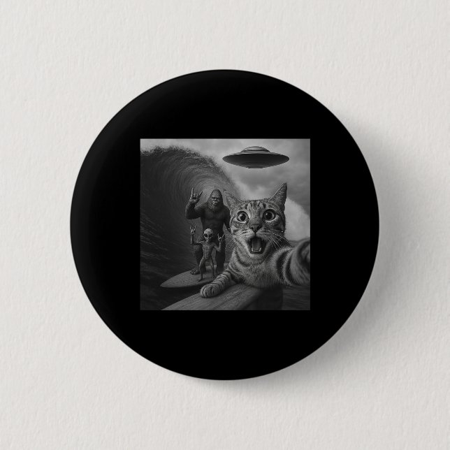 Badge Rond 5 Cm Chat drôle de surf selfie avec un ovni géant vague (Devant)