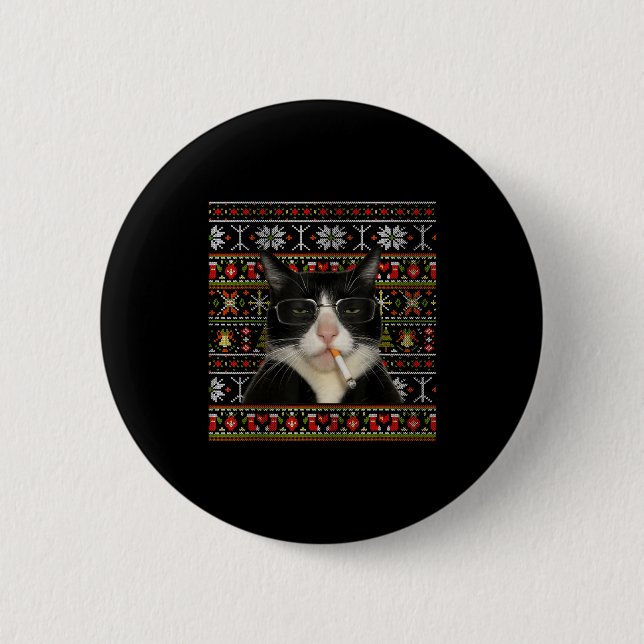 Badge Rond 5 Cm Chat drôle fumeur Mème Noël Sweat Ugly Chat (Devant)