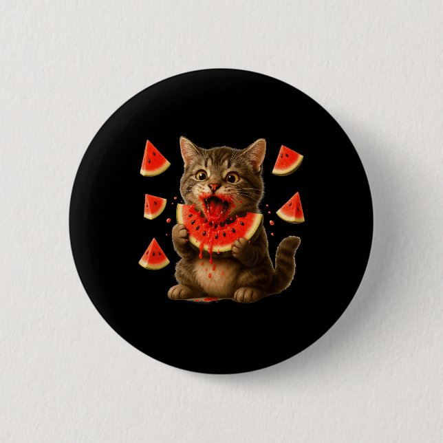 Badge Rond 5 Cm Chat drôle mangeant une tranche de pastèque Jour d (Devant)