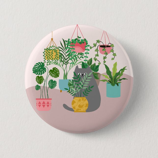 Badge Rond 5 Cm Chat entre Plantes drôle (Devant)
