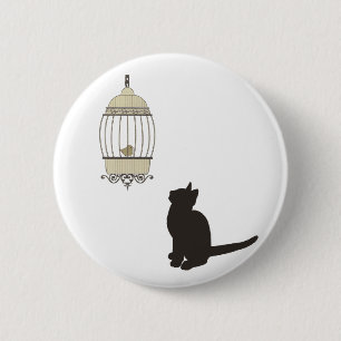 Badge Rond 5 Cm Chat et cage à oiseaux