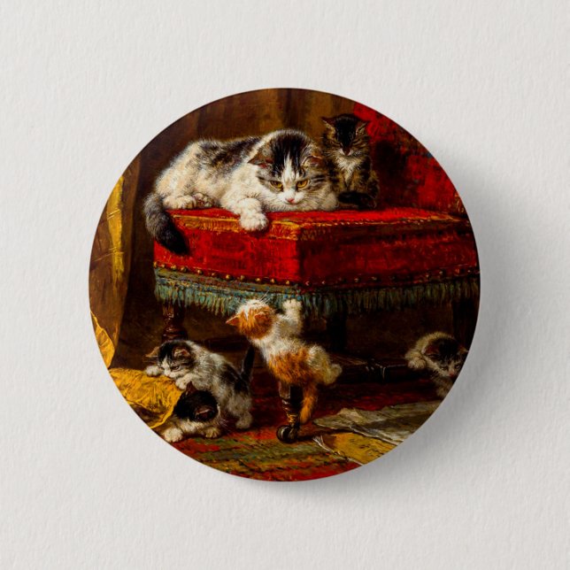 Badge Rond 5 Cm Chat et chatons jouant avec une chaise (Devant)