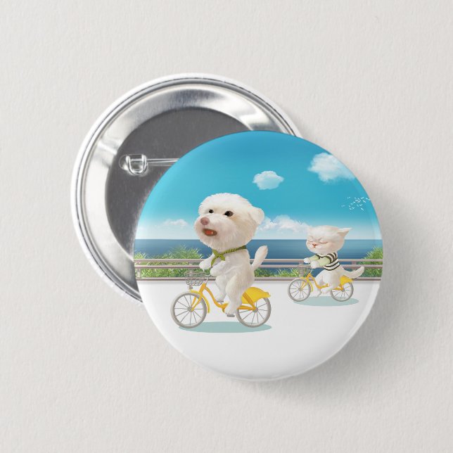 Badge Rond 5 Cm Chat et chien à vélo (Devant & derrière)