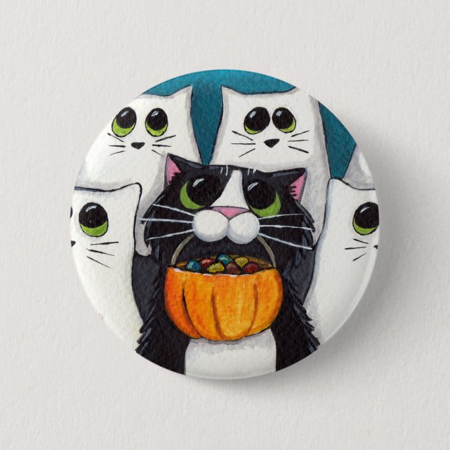Badge Rond 5 Cm Chat et fantômes de Halloween de des bonbons ou un (Devant)