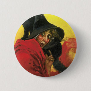 Badge Rond 5 Cm Chat et sorcière d'Halloween vintage