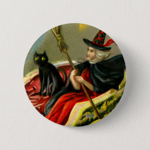 Badge Rond 5 Cm Chat et sorcière vintage d'Halloween noir