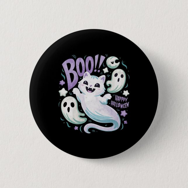 Badge Rond 5 Cm Chat fantôme Boo Kitty Halloween (Devant)