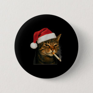 Badge Rond 5 Cm Chat Fumant une Cigarette de Noël Chapeau de Père