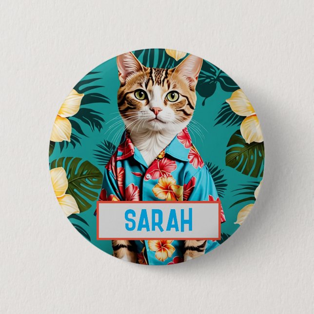 Badge Rond 5 Cm Chat Hawaiian chemise, amoureux des chats, femme d (Devant)
