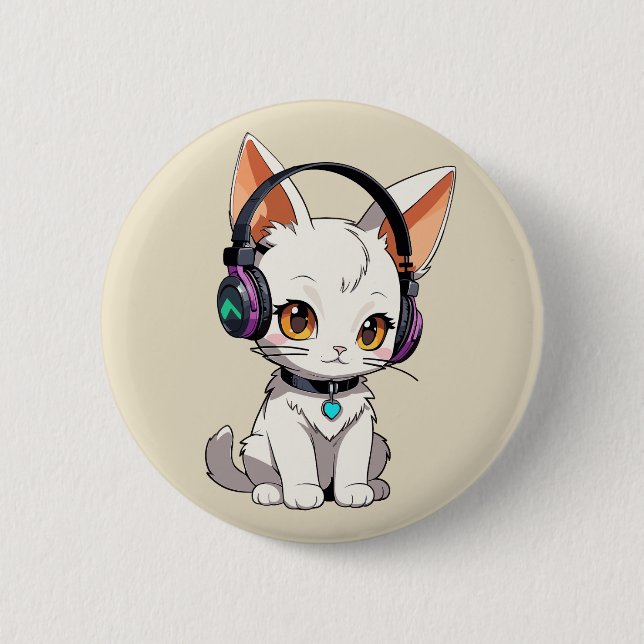 Badge Rond 5 Cm Chat Kawaii Adorable avec Écouteurs (Devant)