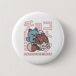 Badge Rond 5 Cm Chat Kawaii avec du Lait au Chocolat – Pop Art Jap