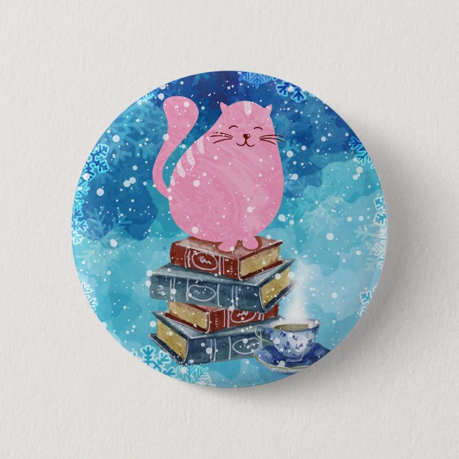 Badge Rond 5 Cm Chat livresque en hiver (Devant)