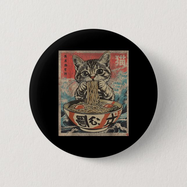 Badge Rond 5 Cm Chat Manger Ramen nouilles Kawaii Anime Manga Japa (Devant)